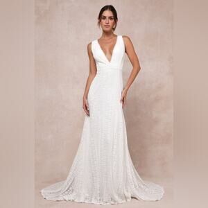 Lulus Infinite Bliss Ivory Lace Sleeveless Backless Trumpet Maxi Dress NWOT